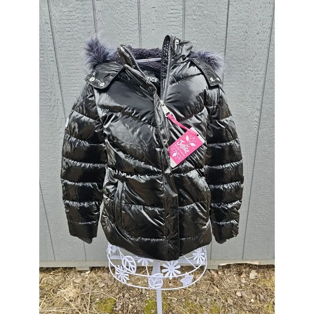 Justice Girls Black Puffer Jacket Hood Sherpa Lined Full‎ Zip Pockets Size S 7/8